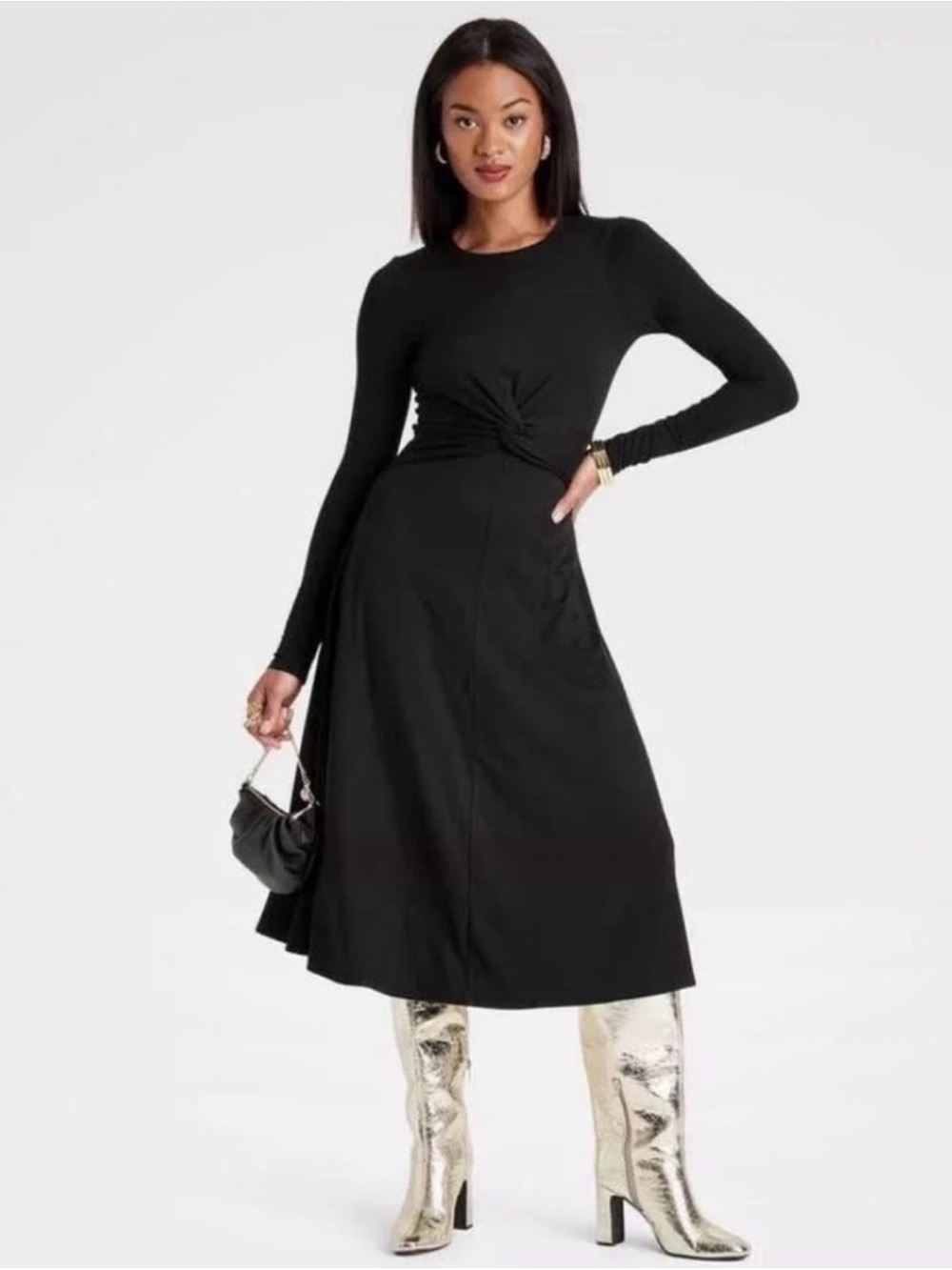 A New Day Black long Sleeve Twist Front Midi Dress Super Soft